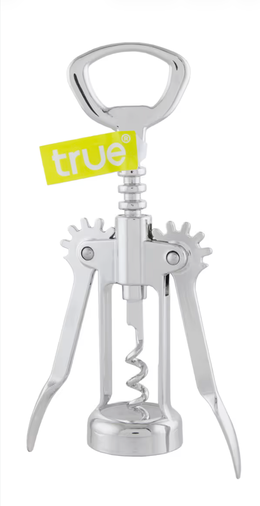True brand chrome wing corkscrew wine bottle opener with spiral worm and integrated bottle cap opener.