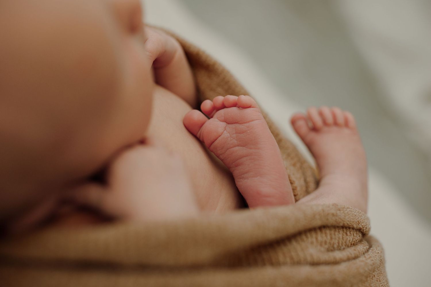 Close up photo of tiny newborn baby feet wrapped in soft brown knitted blanket.