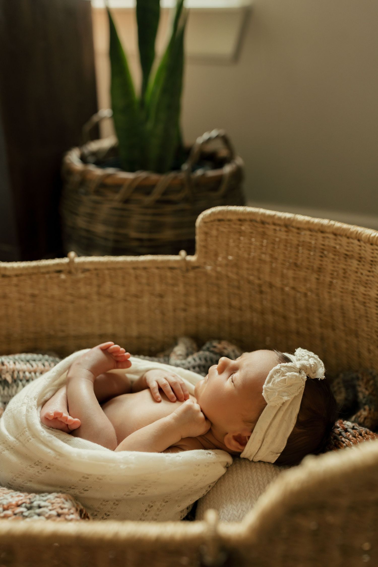 A sleeping infant wrapped in white blankets lies peacefully on a brown woven surface near green plants.