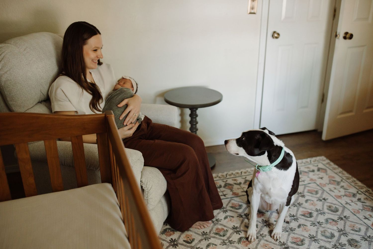 A person sits in a wooden chair with a drink while a black and white dog looks on attentively in a cozy living room.