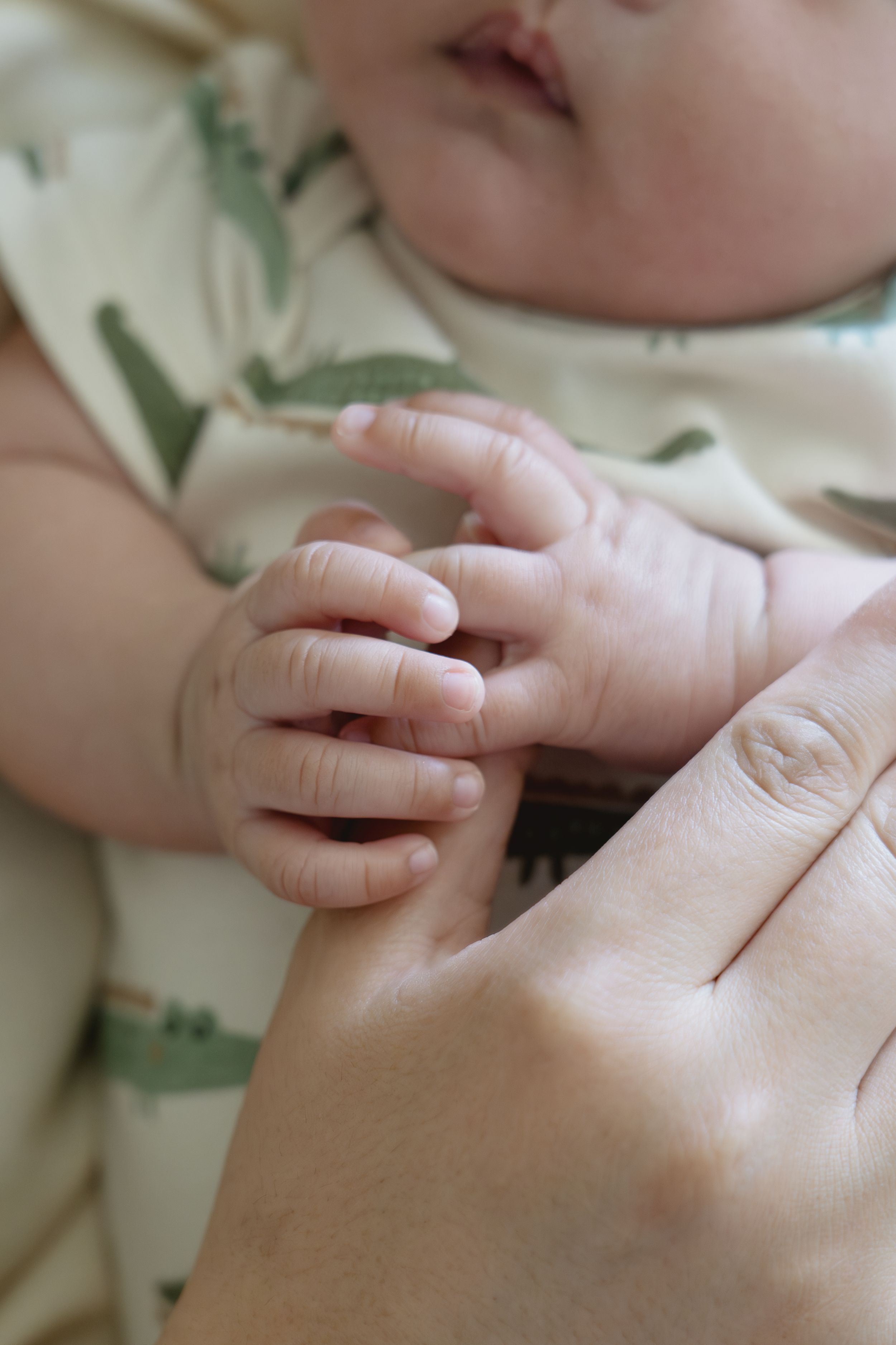 Close-up of tiny baby hand grasping adult finger.