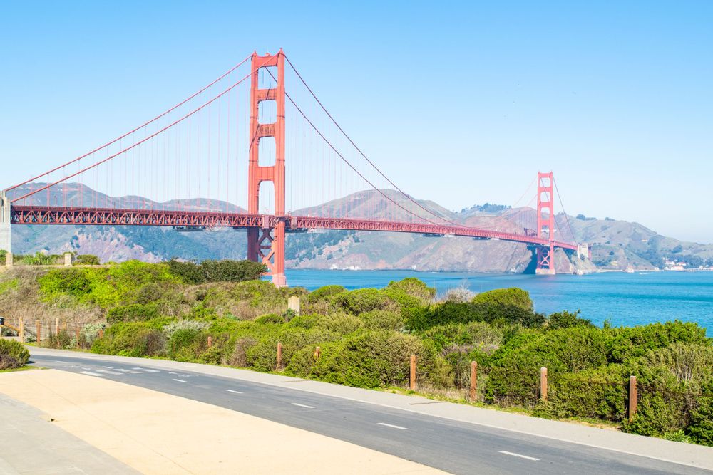 Golden Gate Bridge stretching across San Francisco Bay with green foliage in foreground.