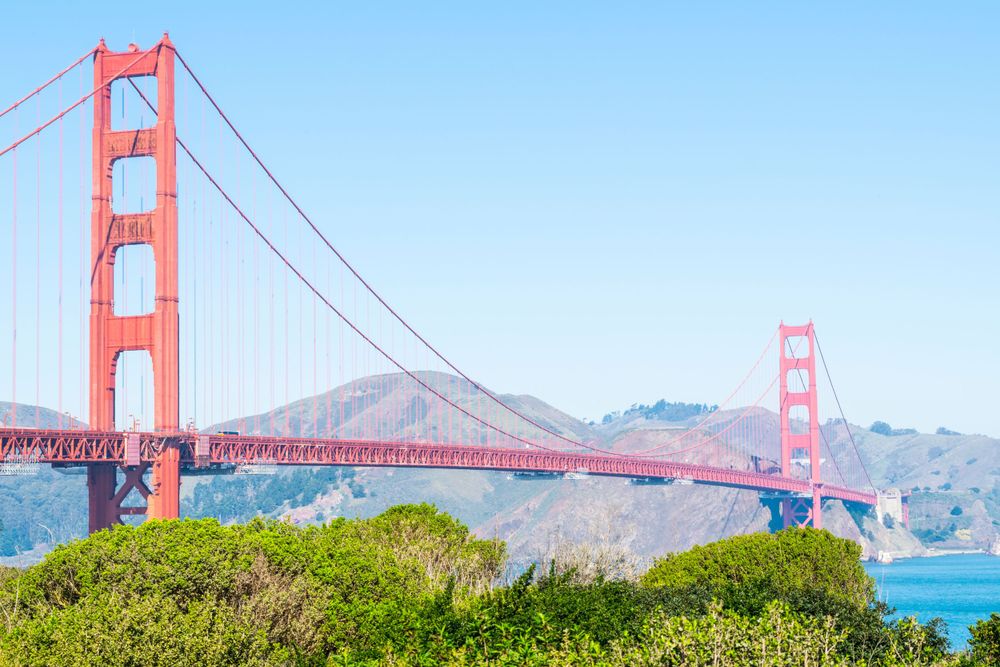The iconic Golden Gate Bridge spans across San Francisco Bay with lush green foliage in the foreground.