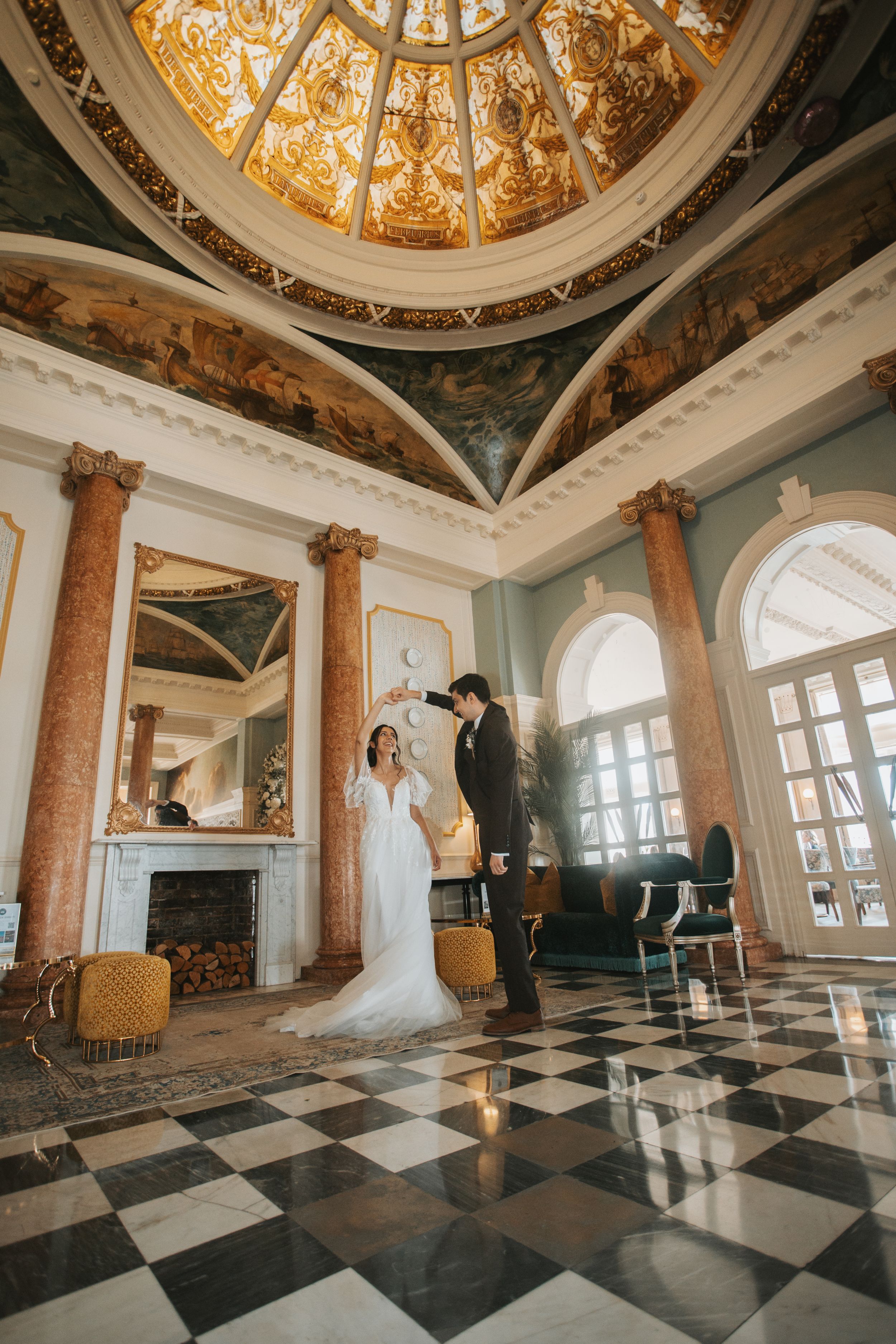 Grand ballroom interior with classical architecture and decorative ceiling shown in multiple angles.