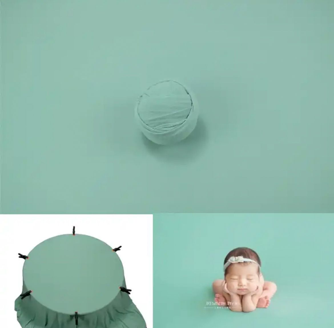 Mint green photography backdrop setup with posing accessories.