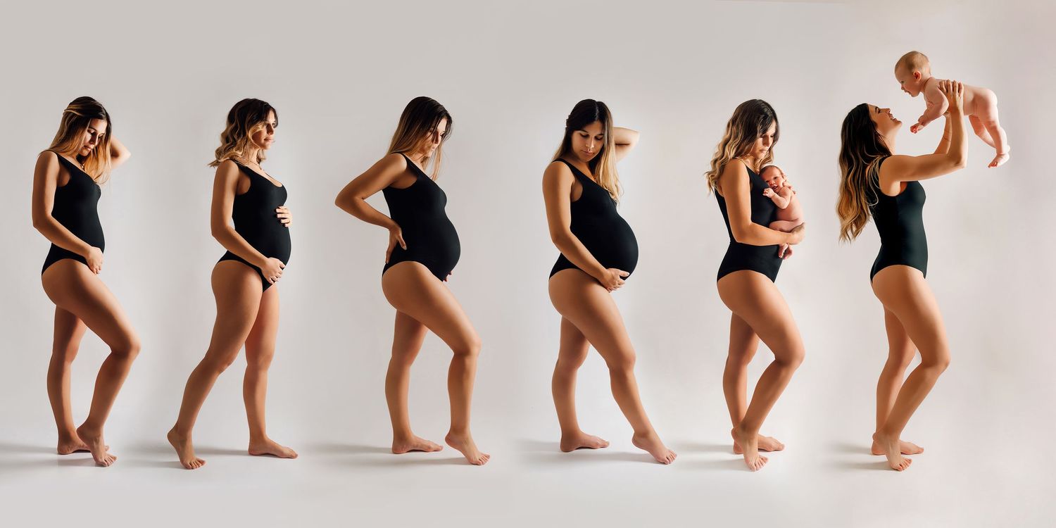 Series showing pregnancy progression through nine months in black swimsuits.