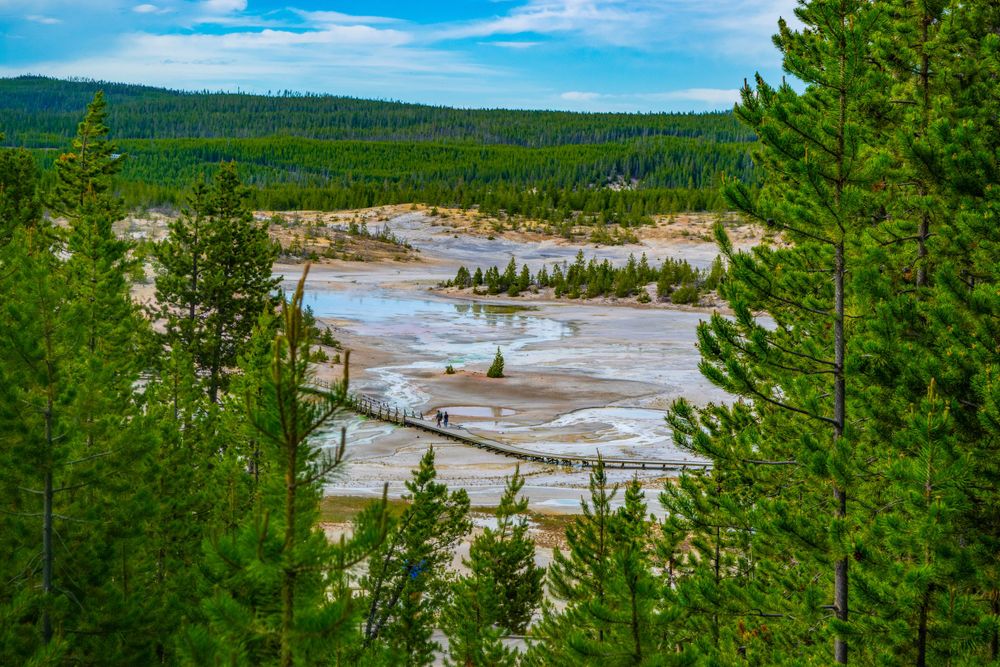 Aerial view of Porcelain Basin's thermal features and mineral deposits in Yellowstone National Park.