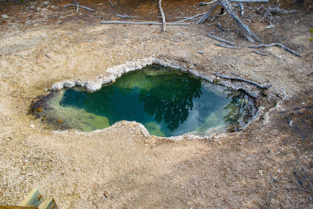 Deep emerald green hot spring pool surrounded by mineral-crusted earth in Yellowstone.