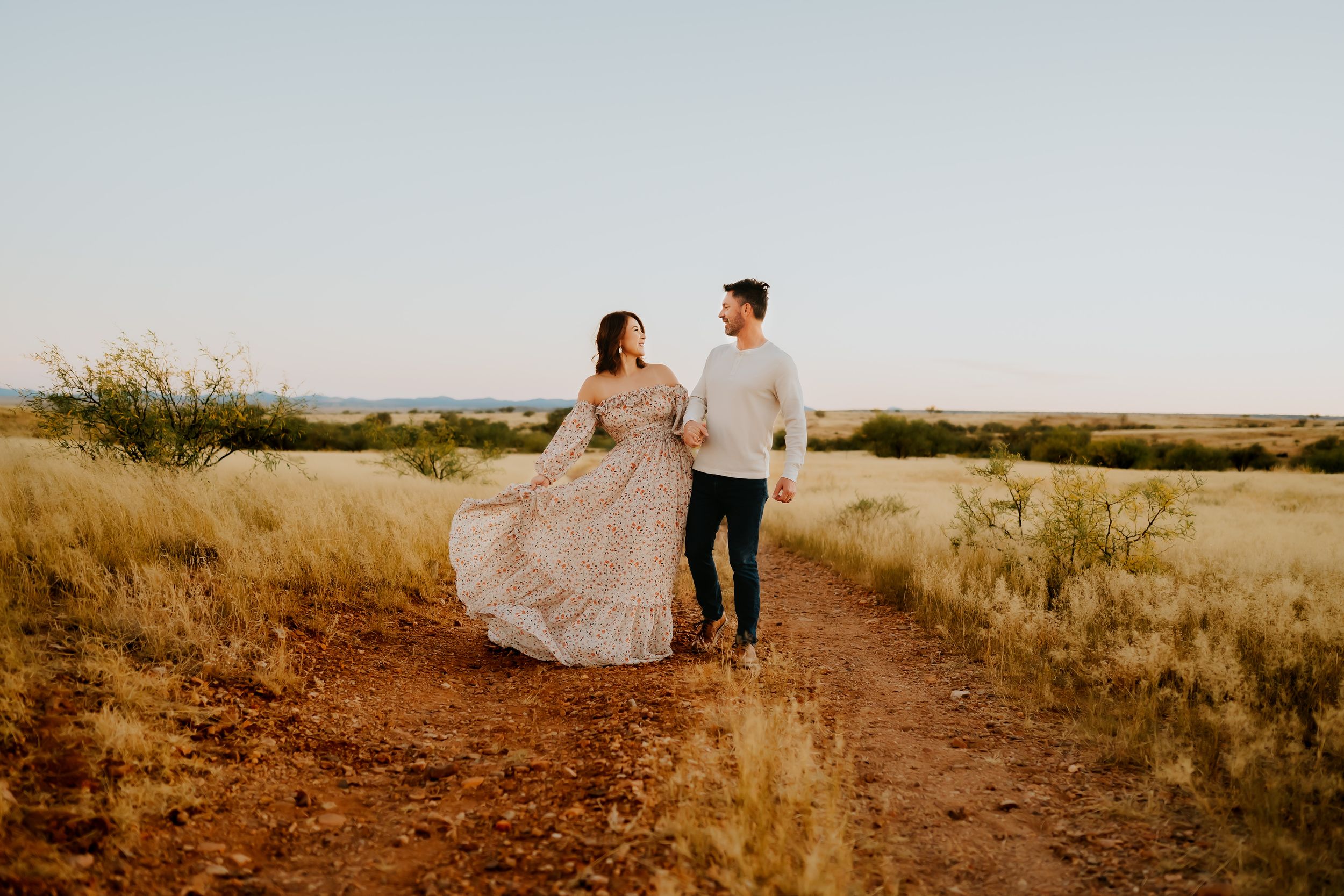 Couple session during golden hour in grasslands near Tucson AZ
