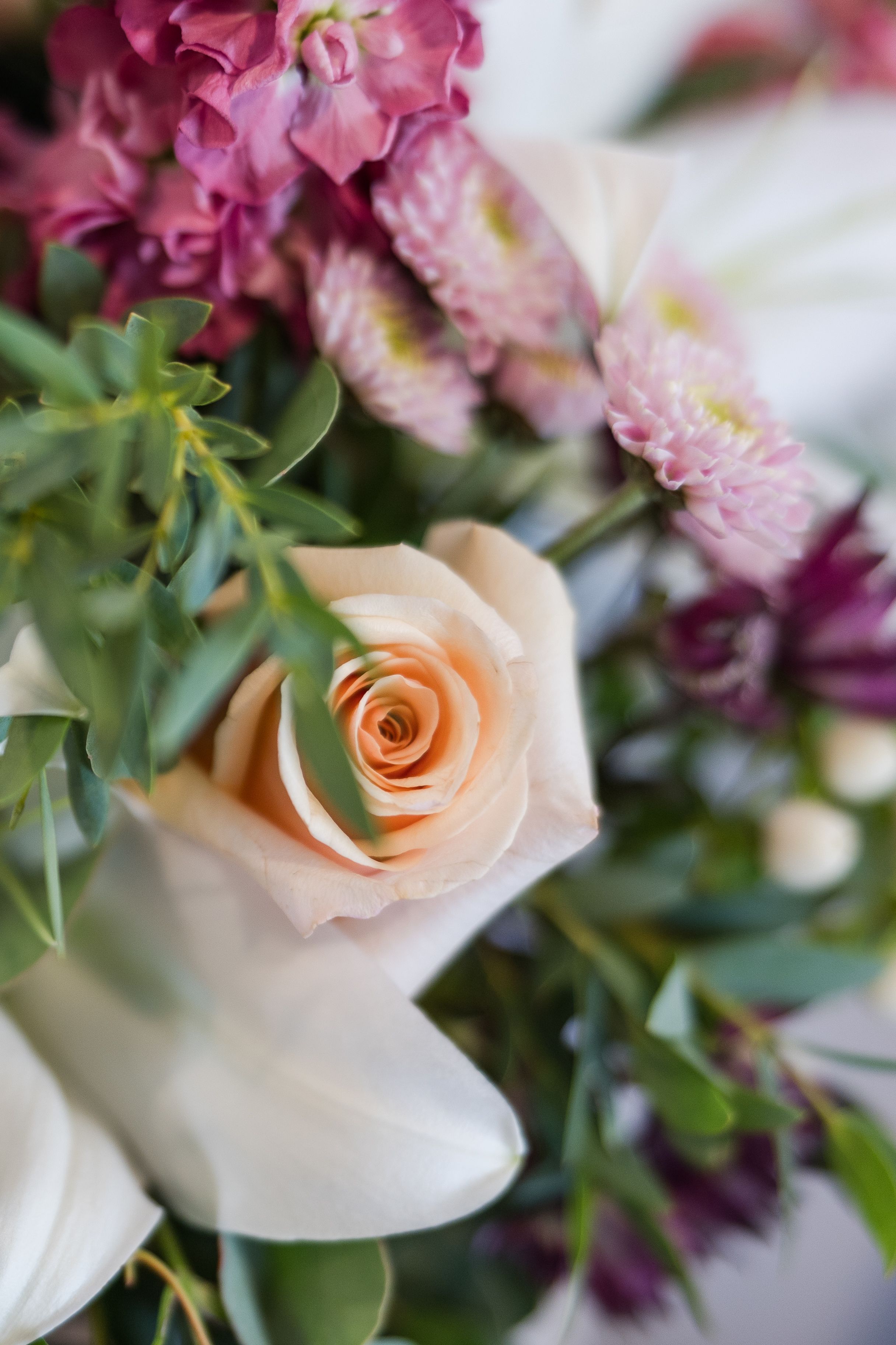 White rose with purple flowers surrounded by green foliage. A brides wedding bouquet.