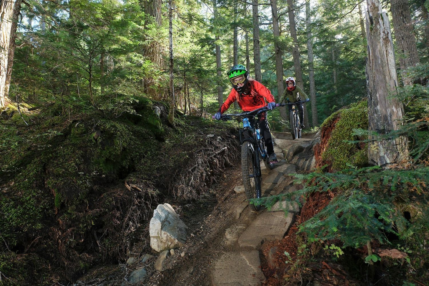 Mountain biker navigating technical forest trail with rocky obstacles.
Whistler Mountain Bike Park