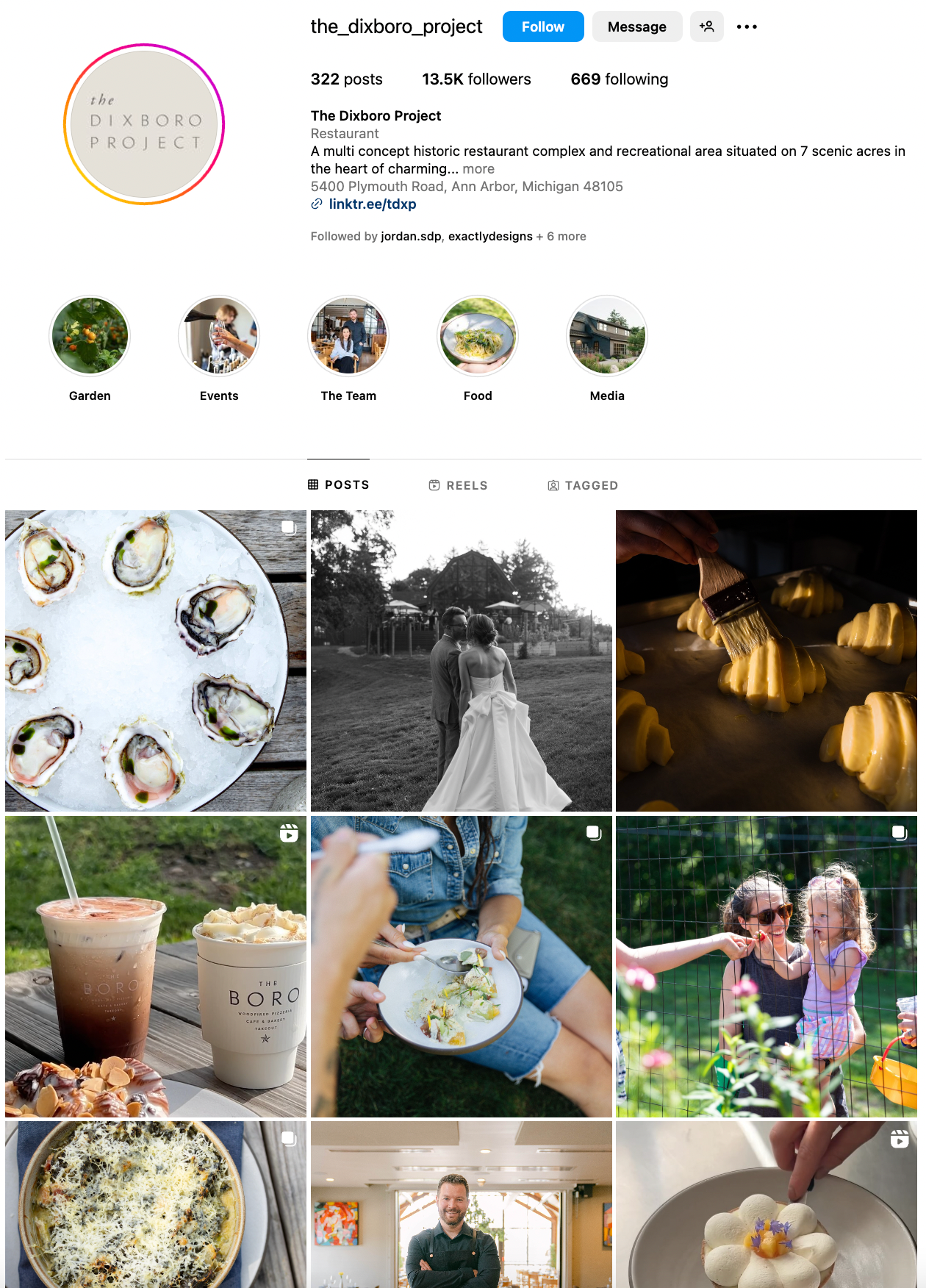 Restaurant Instagram profile featuring monochromatic food photography and lifestyle images.