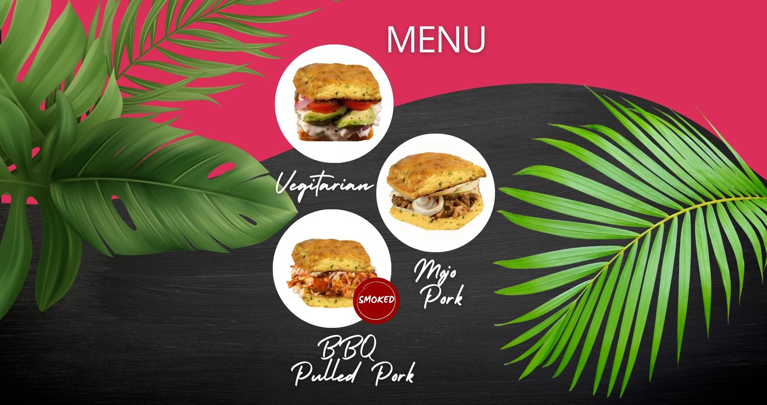 Menu with gradient background, tropical leaves, and circular images of vegetarian, mojito pork, and BBQ pulled pork.