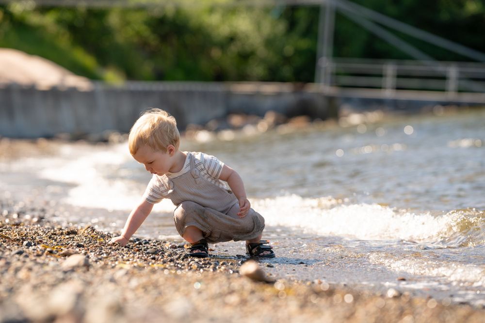 A small child explores the rocky shoreline near water on a bright day.