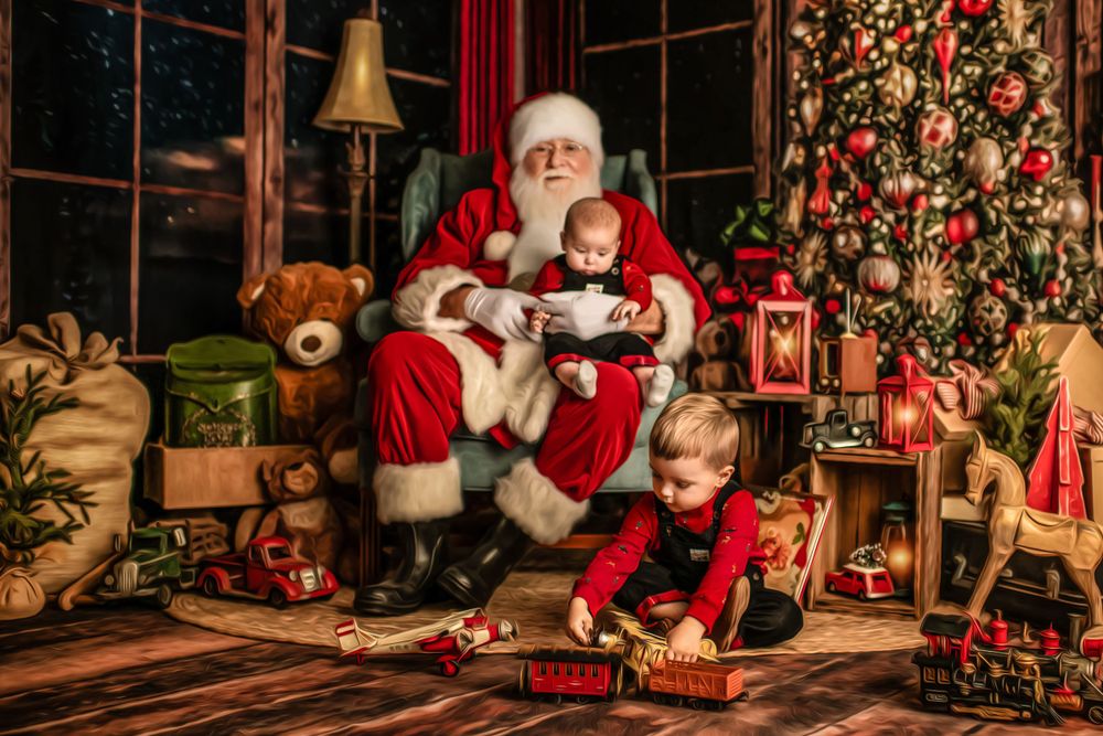 A cozy Christmas scene with Santa Claus and toys around a decorated tree and glowing lanterns.
