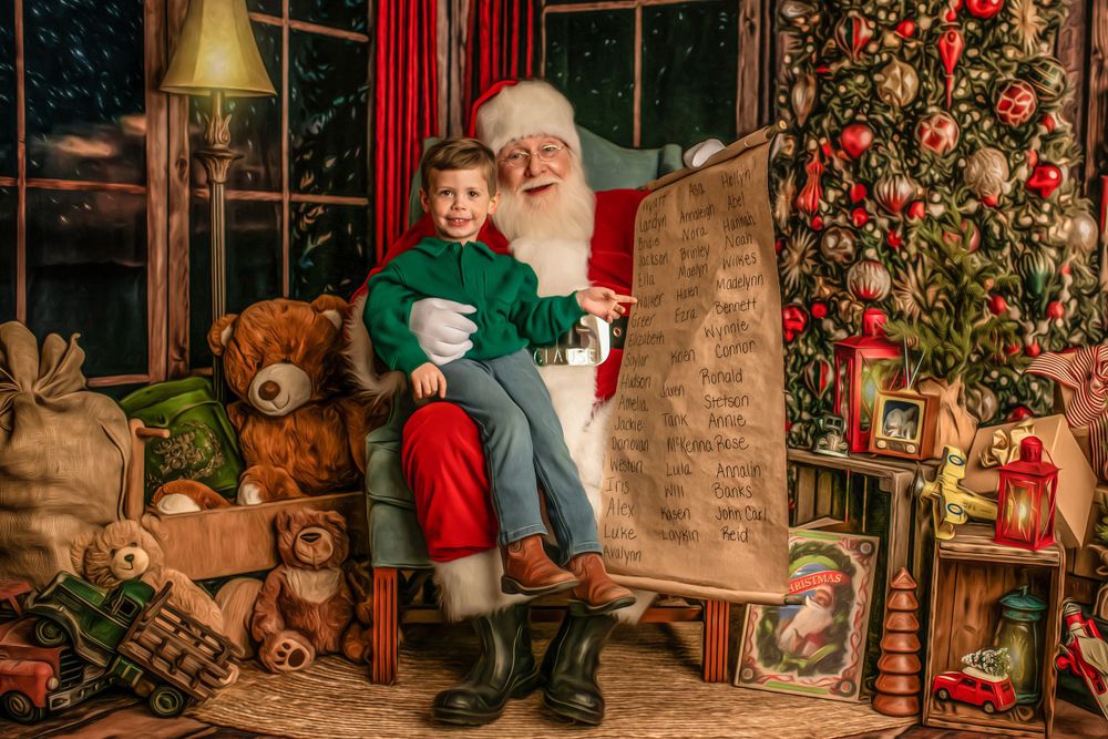 A Christmas scene with Santa Claus seated beside a decorated tree and vintage holiday decorations.