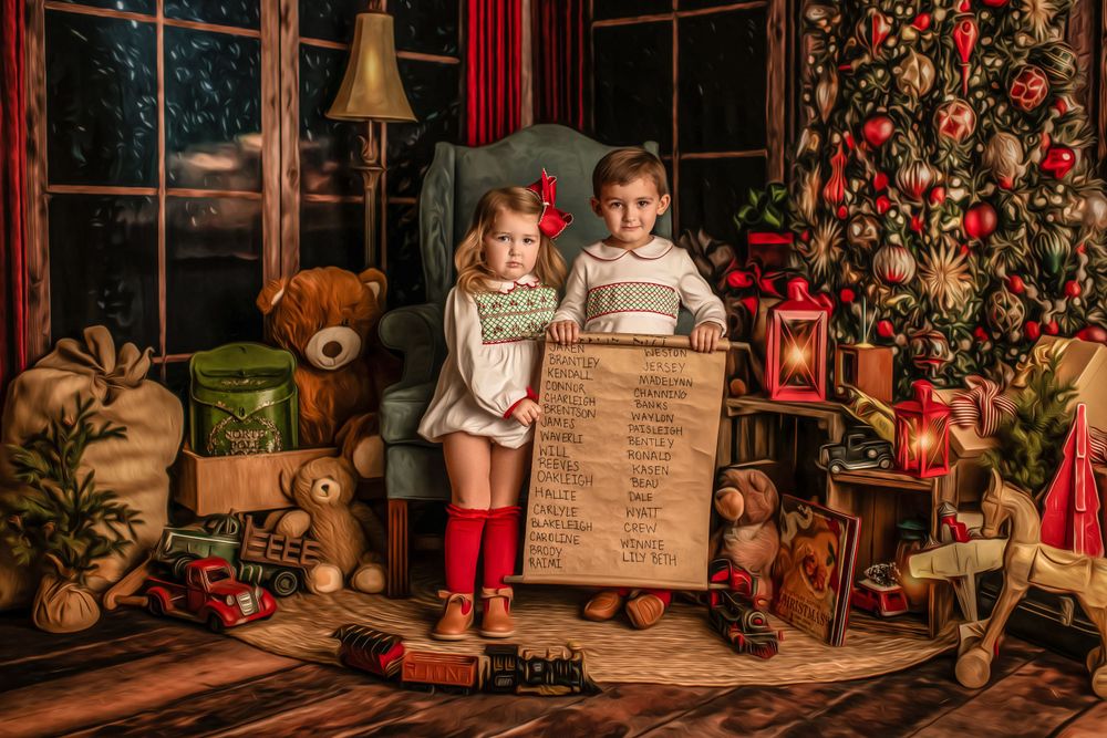Children hold wish lists in a Christmas-themed room with decorated tree and vintage toys.