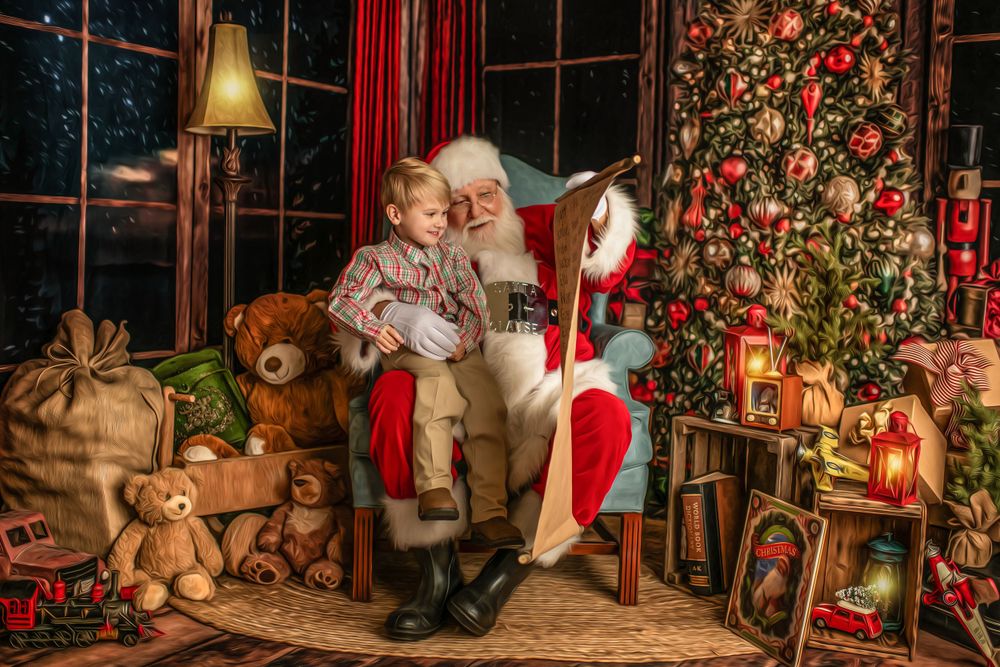 Christmas living room with illuminated tree, red curtains, teddy bears and holiday decorations.