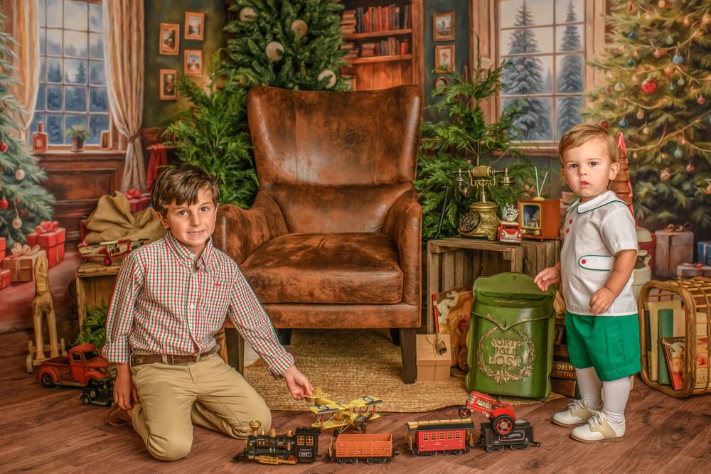 Festive Christmas scene with decorated tree, wrapped presents, and vintage-style home interior.