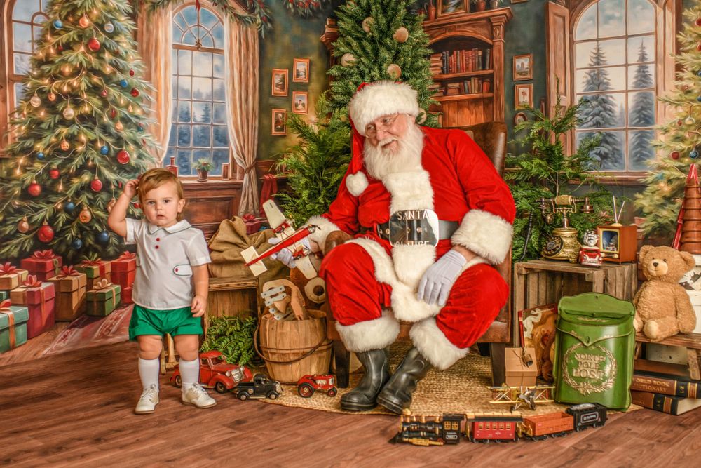 Cozy holiday setting with traditional Christmas decor, train set, and festive atmosphere.