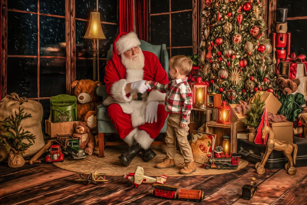 A holiday scene with Santa Claus by a Christmas tree surrounded by vintage toys and lanterns.