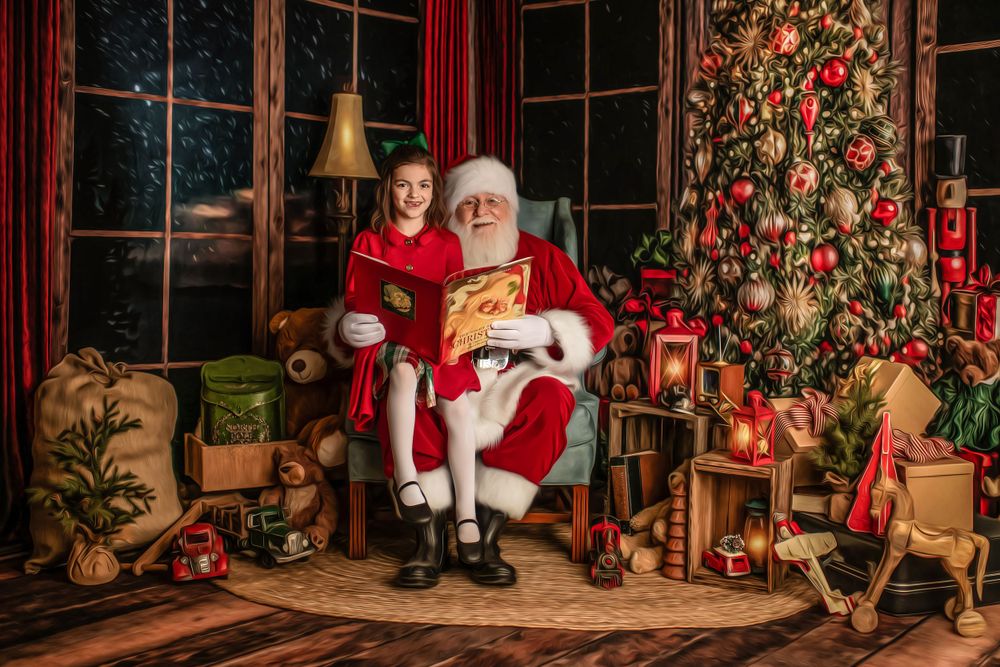 Festive holiday scene with decorated Christmas tree, red curtains, and traditional Santa's chair by the window.