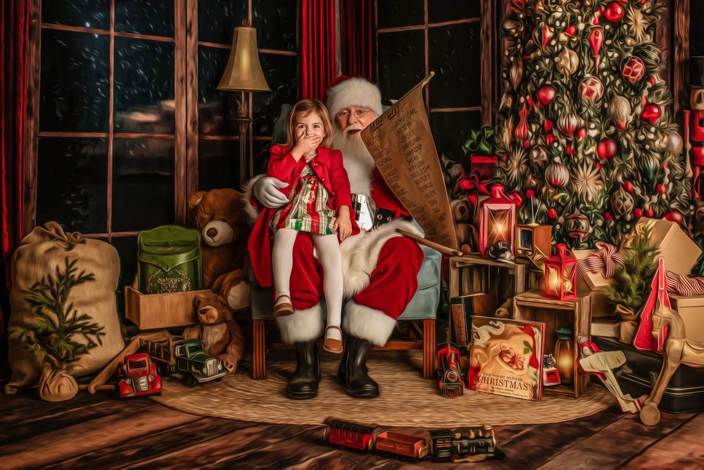 Warm Christmas interior with illuminated tree, wrapped gifts, and teddy bears near window with red drapes.