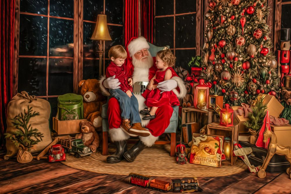 Cozy Christmas room with decorated tree, presents, teddy bears, and glowing lanterns creating a warm holiday atmosphere.