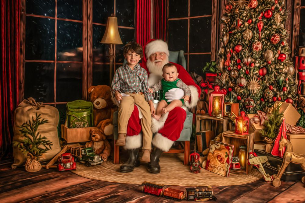 A holiday scene with Santa Claus in a room decorated with Christmas lights and vintage toys.