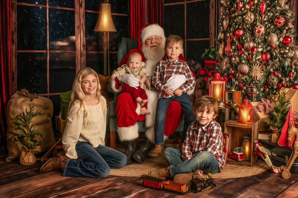 A warm holiday portrait in front of a decorated Christmas tree with Santa Claus and presents.