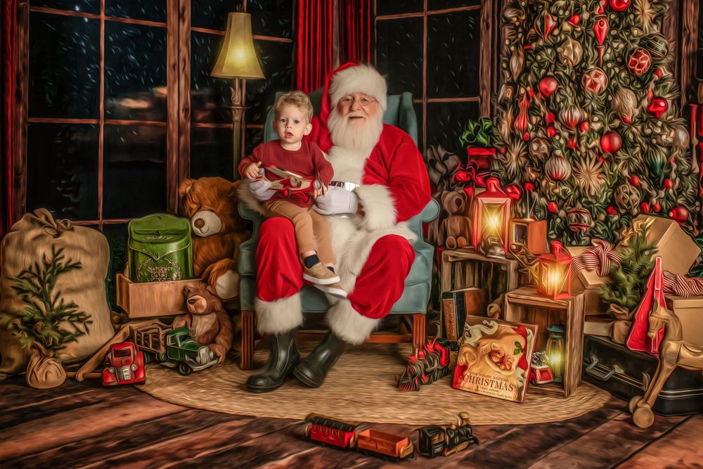 Traditional Christmas scene with decorated tree, presents, and Santa's special chair illuminated by lantern light.