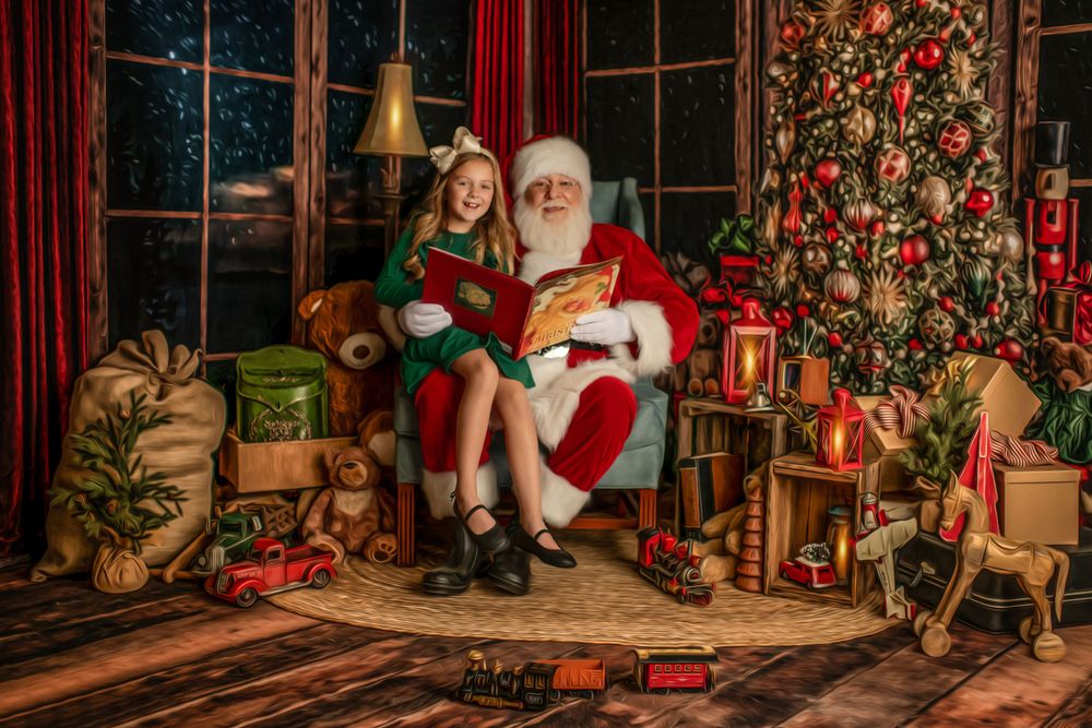 A festive Christmas setting with Santa Claus seated by a decorated tree and vintage toys.