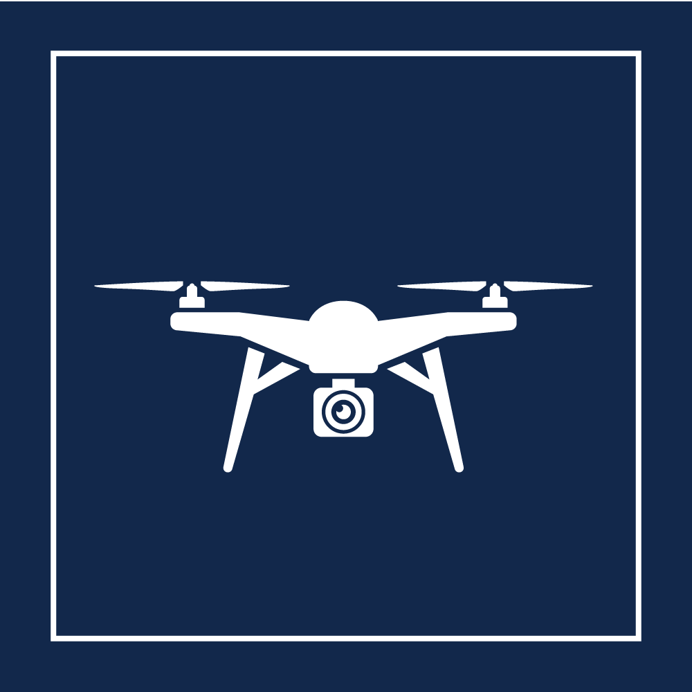 A white drone icon on a navy blue background with a white border, showcasing Studio 22's multifamily real estate aerial media services.