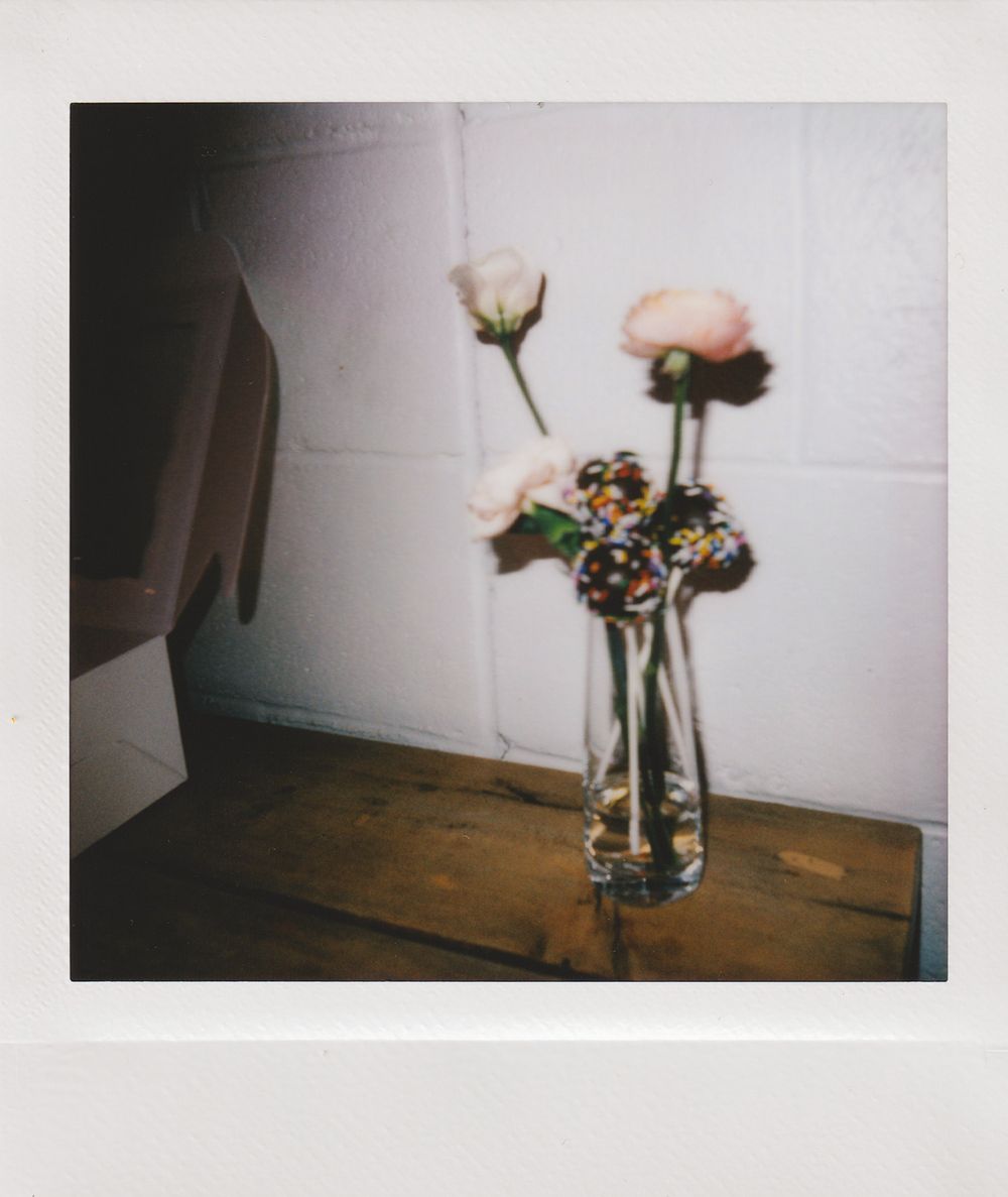 Delicate floral arrangement with pink roses in a clear glass vase against a white wall.