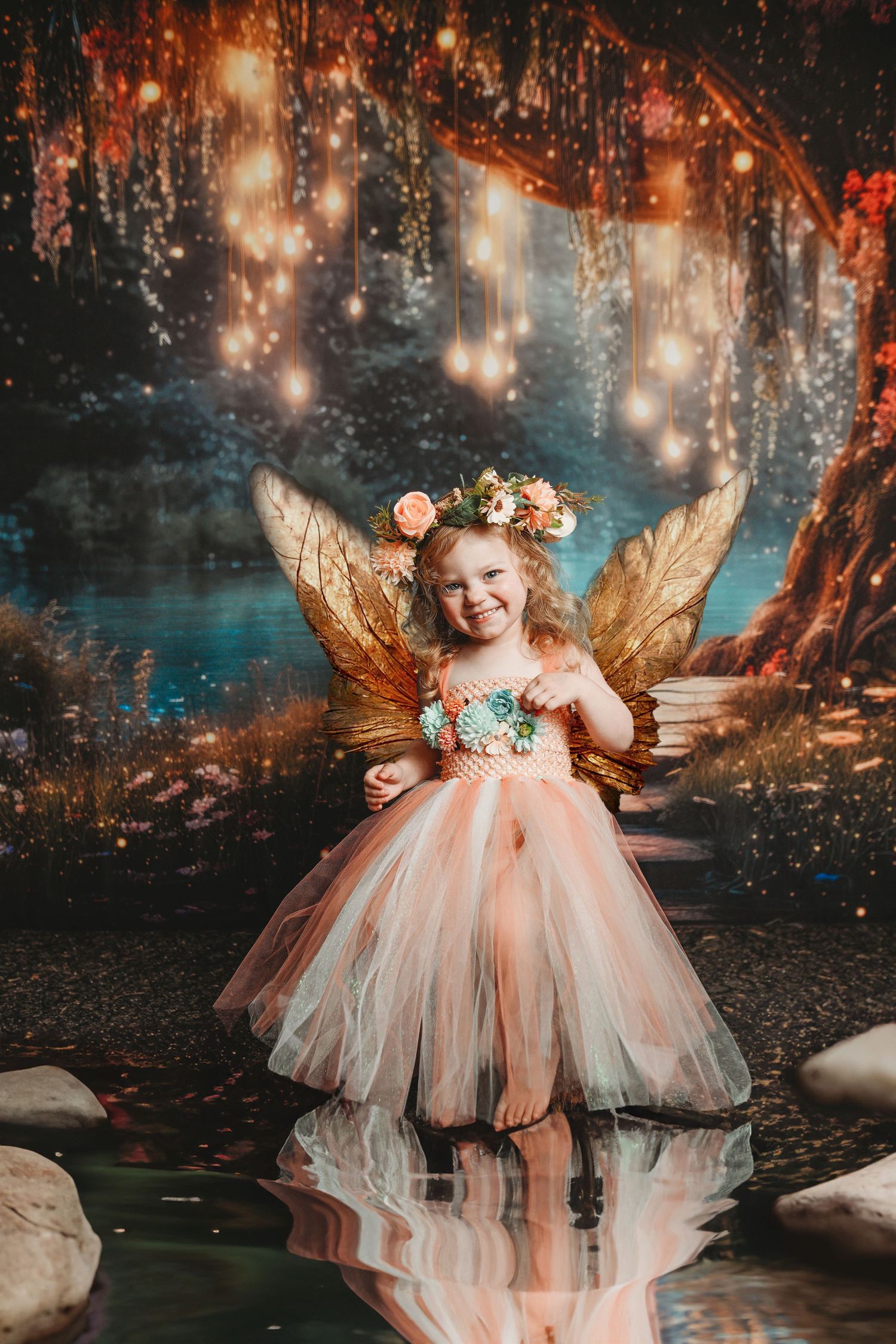 Magical fairy-themed portrait with twinkling lights and peach tulle dress in enchanted forest setting.