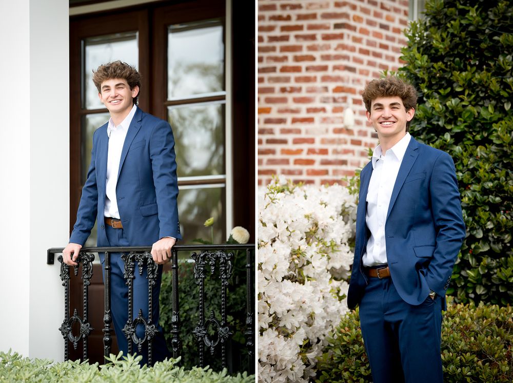 Portrait series against white brick walls with blooming spring flowers and architectural details.