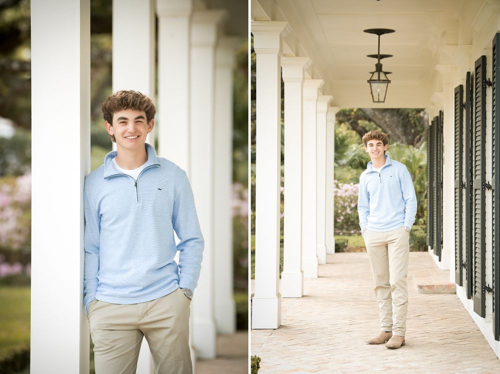 A series of casual portraits taken in a covered walkway with white columns and natural lighting.