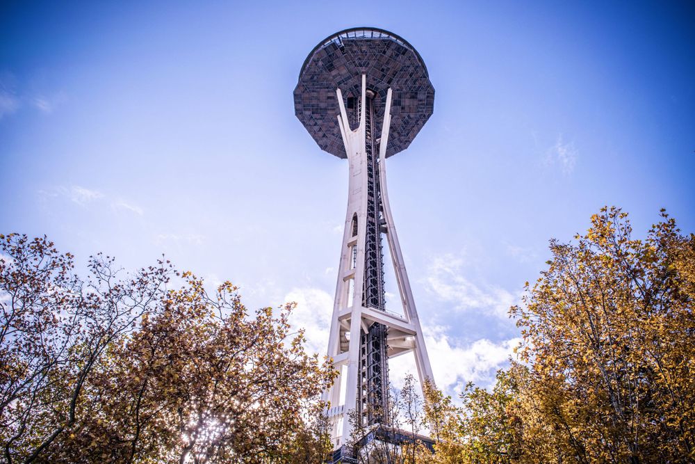 The iconic Space Needle tower against a bright blue sky with autumn trees in the foreground.