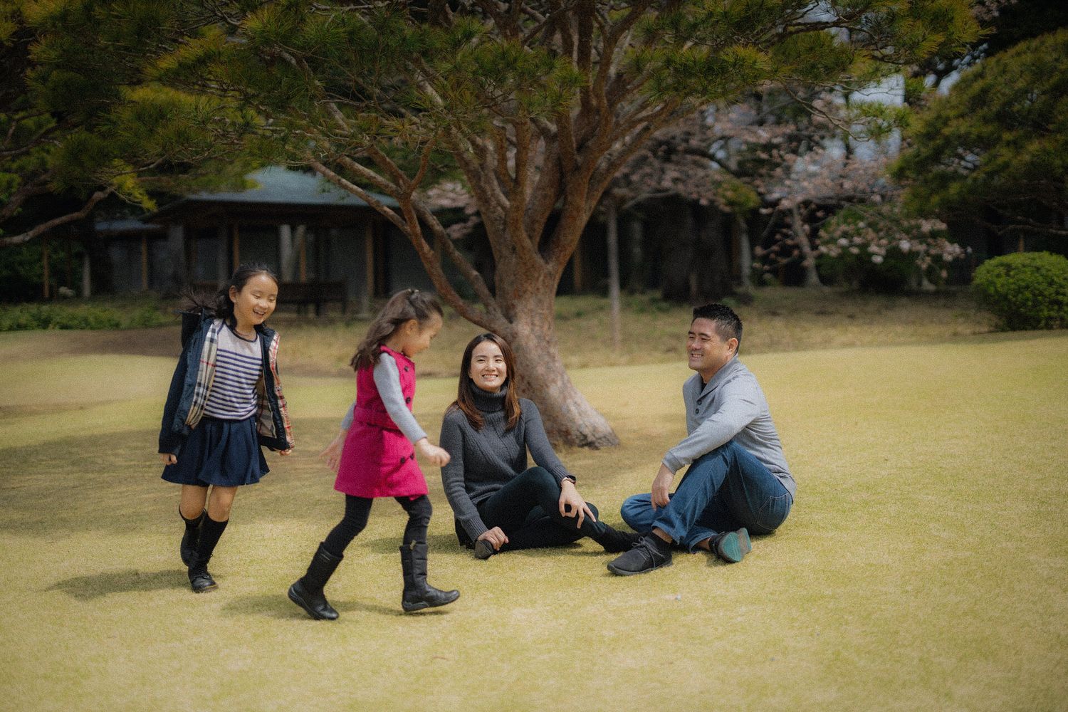 Family enjoying playtime together on grassy lawn in Japanese garden.