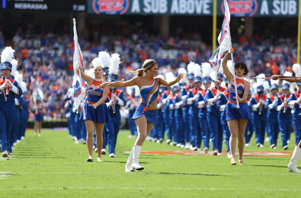University of Florida cheerleaders perform during a football game at The Swamp stadium.