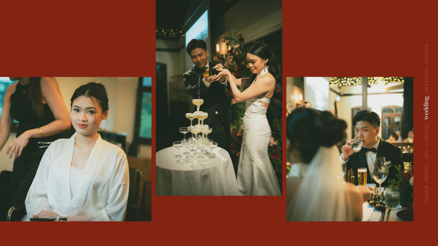 Wedding celebration collage showing cake cutting and preparation moments in warm lighting.