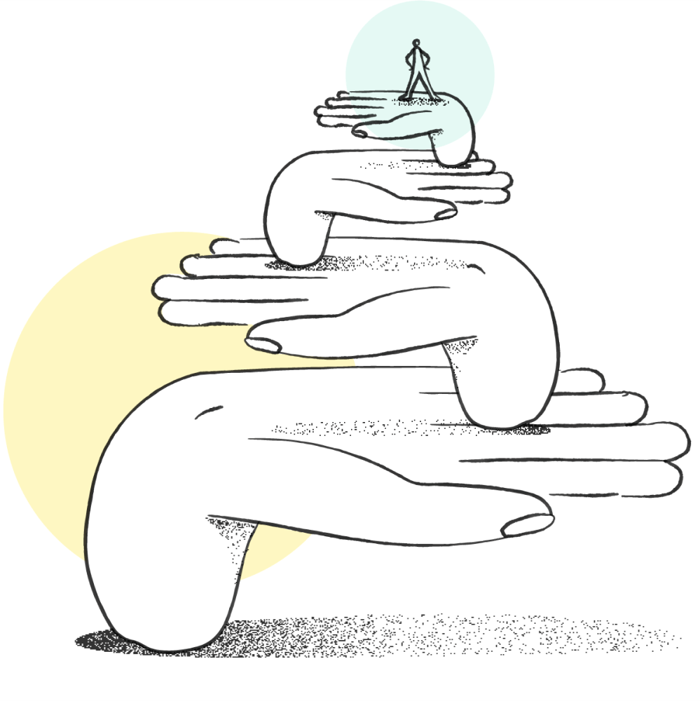 Stacked hands balancing a small figure with scales, justice and fairness concept line art illustration.