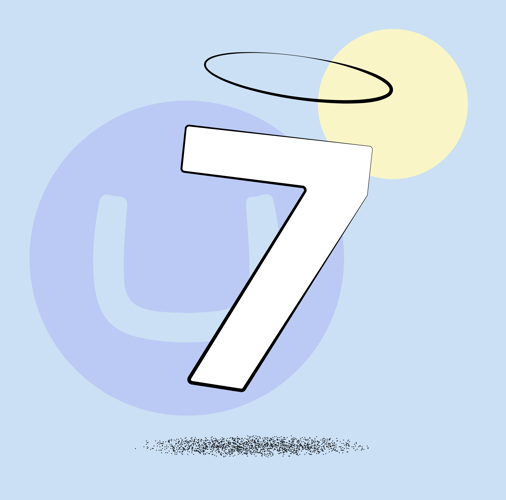Bold number seven with halo floating above shadow on light blue background.
