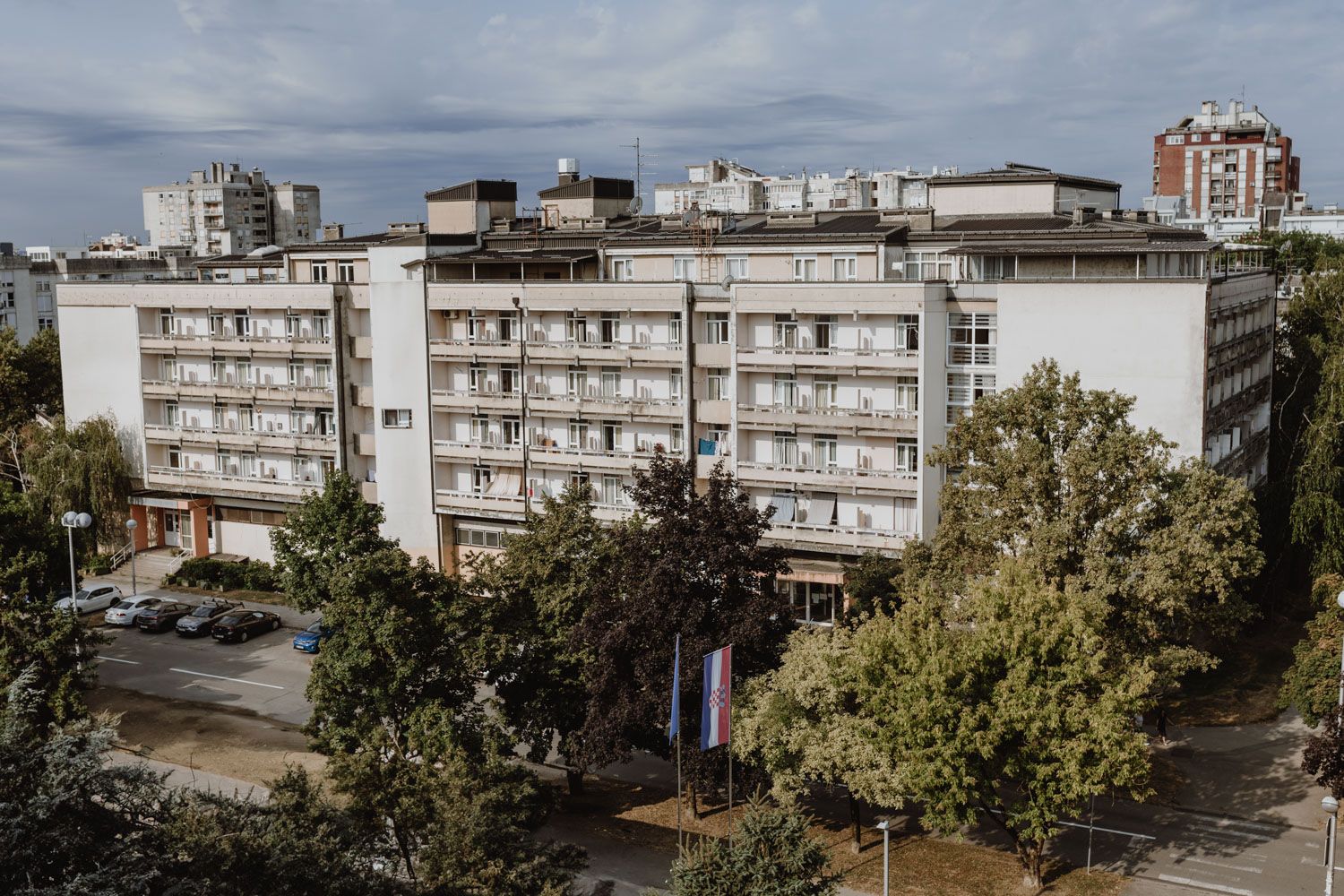 Exterior view of a senior home building in Zagreb, captured in brand photography style.