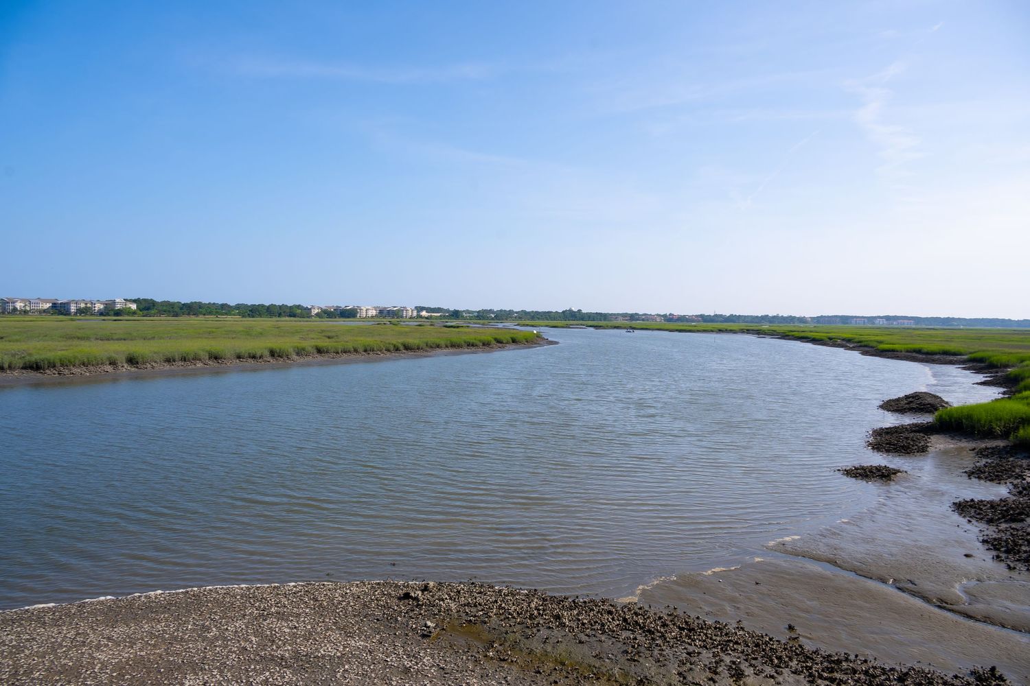 Wide tidal river flows through coastal marshland under clear skies.