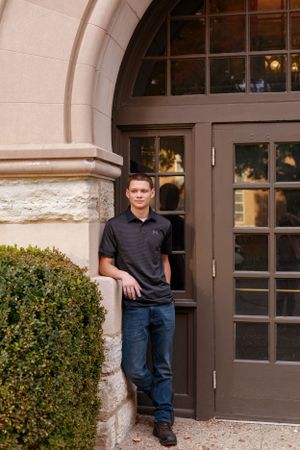 Casual portrait series against a beige building exterior with arched windows.
