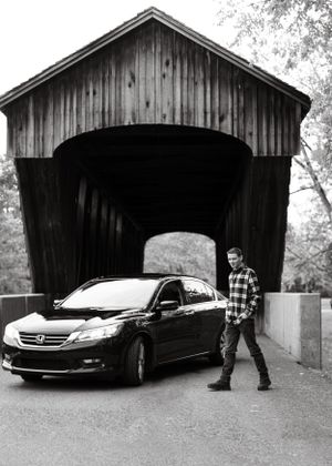 Black and white photo series showing person and car near covered wooden bridge.