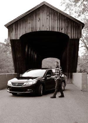 Monochrome images of a covered bridge with luxury car and person in various poses.
