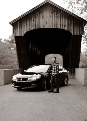Series of black and white shots showing covered bridge with parked Mercedes and person.