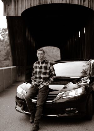 Monochrome photo sequence of person posing with luxury sedan near wooden covered bridge.